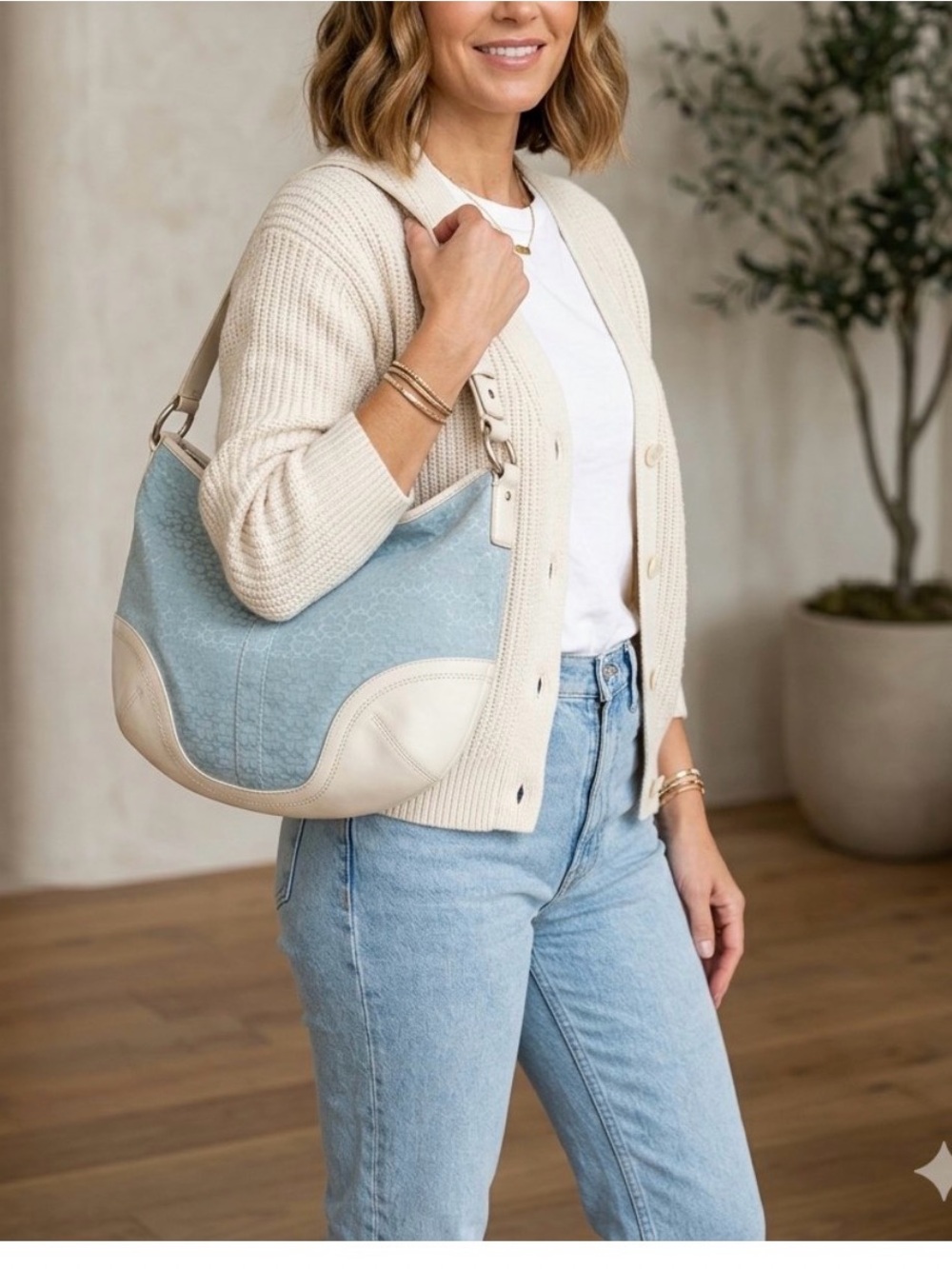 The Coach Vintage Signature Mini C Jacquard light blue Hobo Shoulder Bag